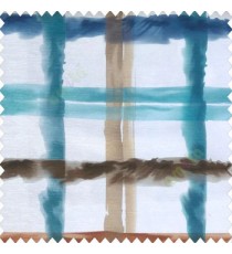 Blue white brown grey green color abstract checks design bold crossing colorful lines poly fabric main curtain